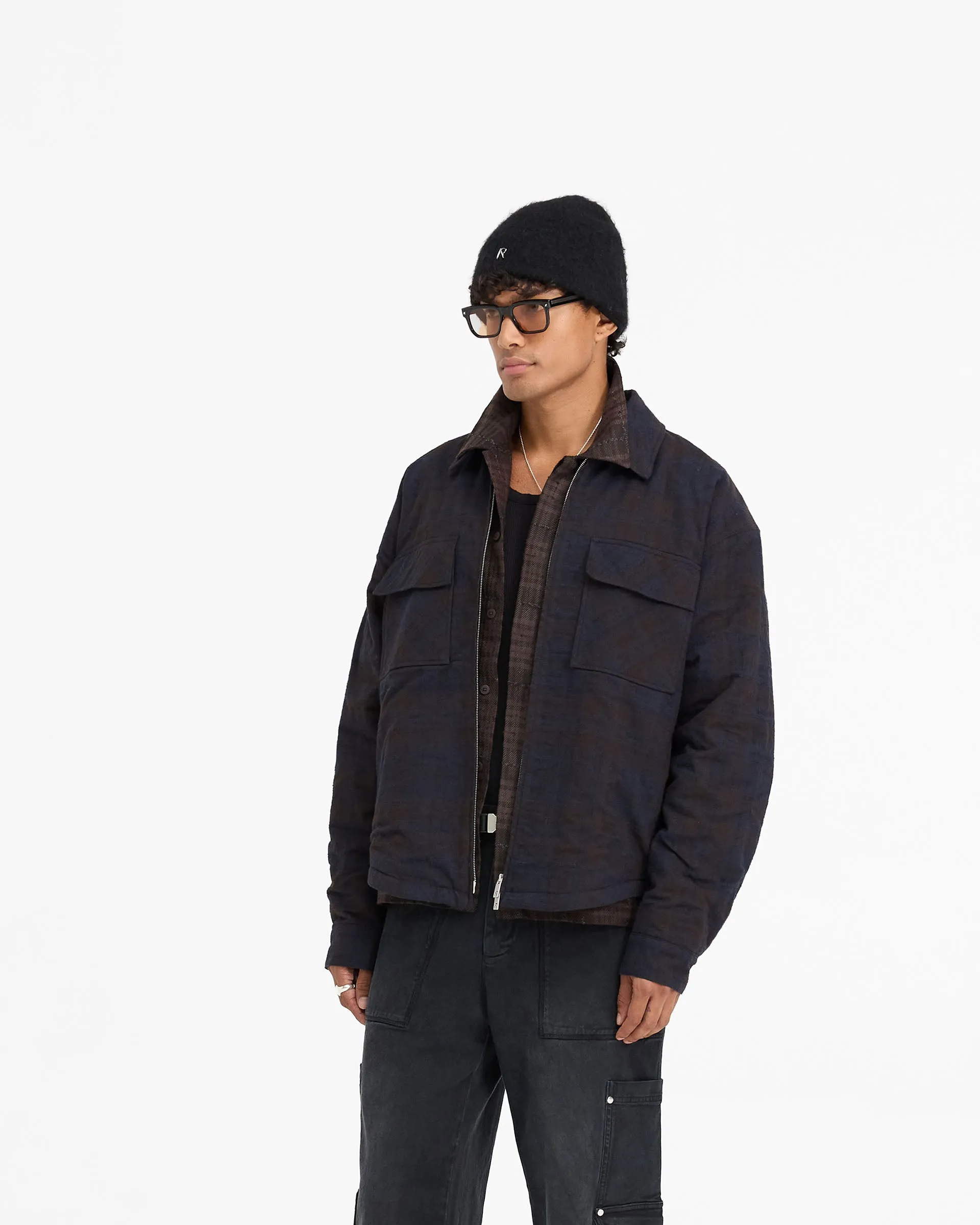 Stretchable Material Warm Layers Wadded Zip Overshirt - Midnight Navy