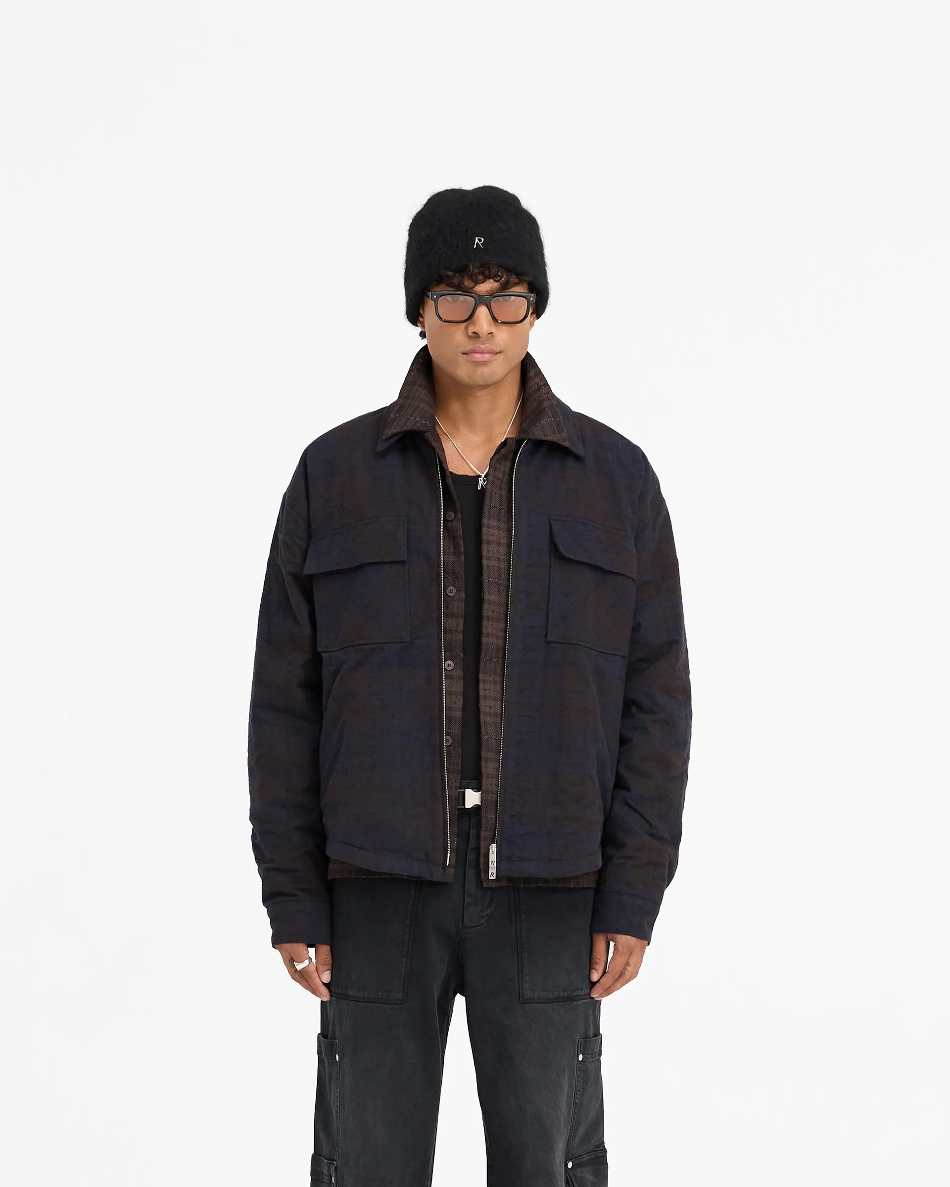 Bold Graphics Yoke Design Wadded Zip Overshirt - Midnight Navy