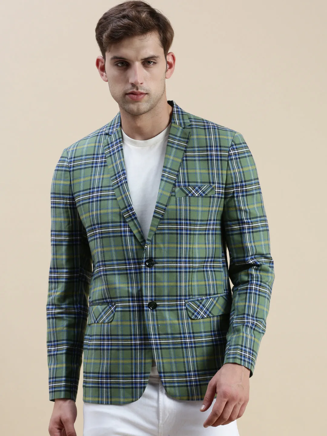 Durable Double Stitching Notch Lapel Men's Green Checked Notched Lapel Slim-Fit Single-Breasted Blazer