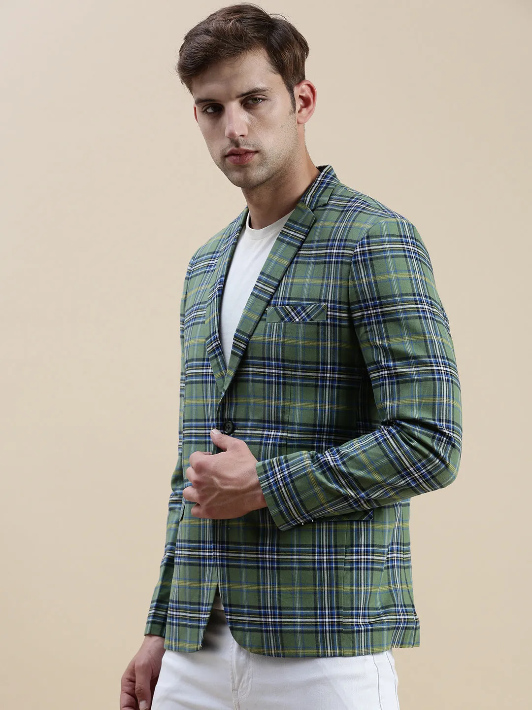 Men's Green Checked Notched Lapel Slim-Fit Single-Breasted Blazer Hike Fit