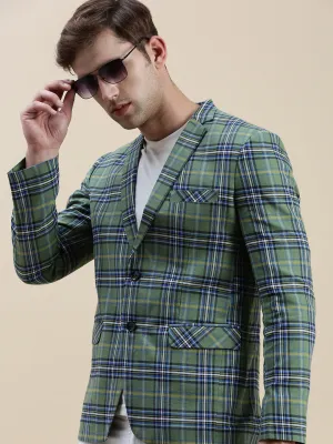 Men's Green Checked Notched Lapel Slim-Fit Single-Breasted Blazer RibbedTrims