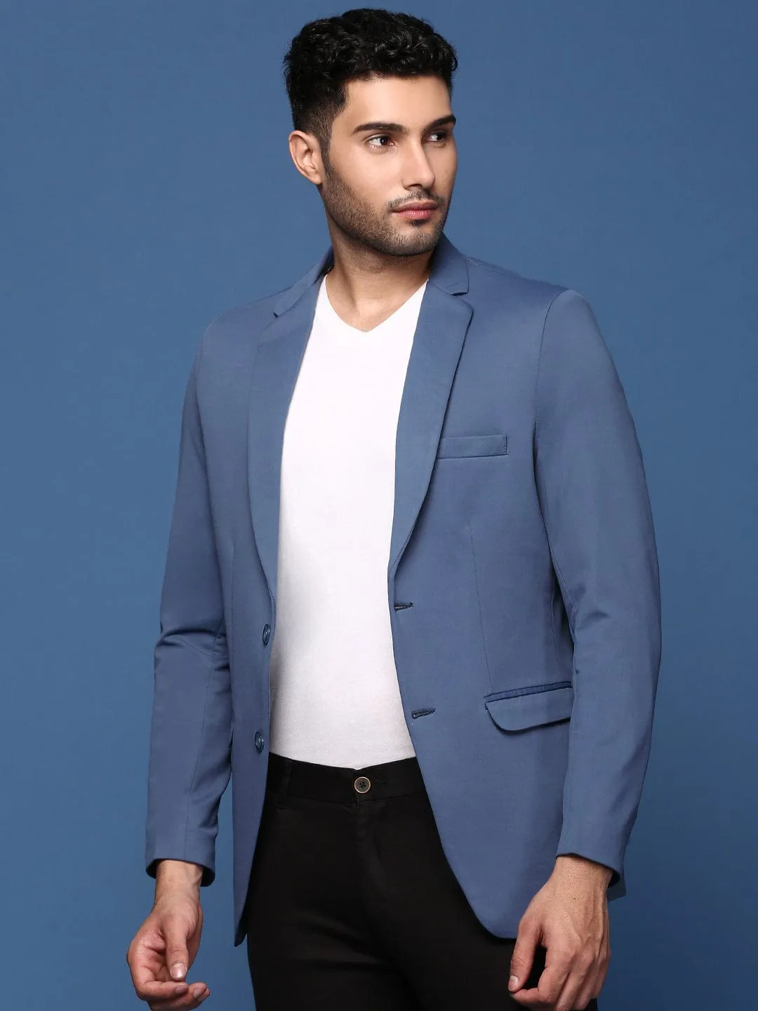 MultiPocket Configuration Men's Blue Slim Fit Cotton Single Breasted Blazer