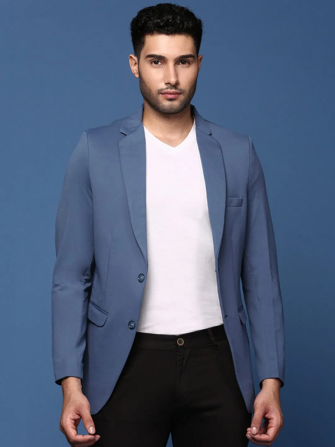 Men's Blue Slim Fit Cotton Single Breasted Blazer MoistureWicking Technology Everyday Look