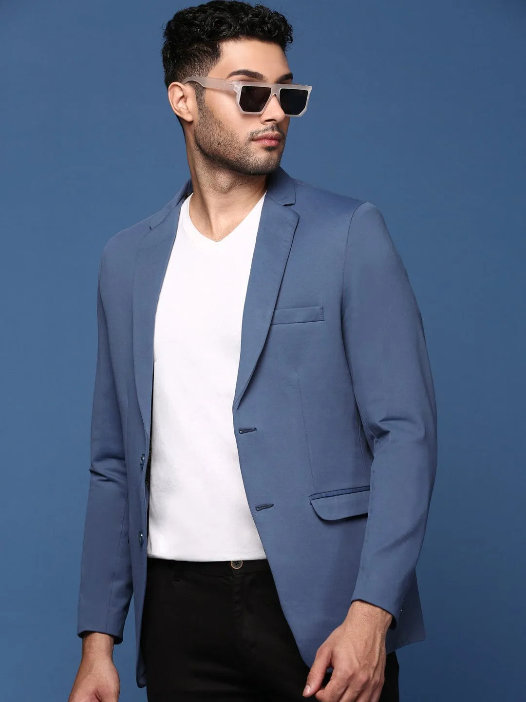 Clean Street Look Runway Inspired Men's Blue Slim Fit Cotton Single Breasted Blazer