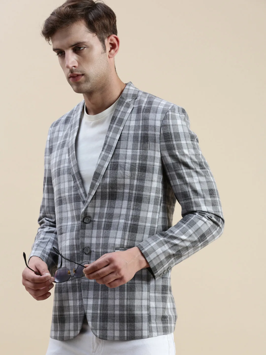 OdorResistantFabric Men's Grey Checked Notched Lapel Collar Single-Breasted Blazer