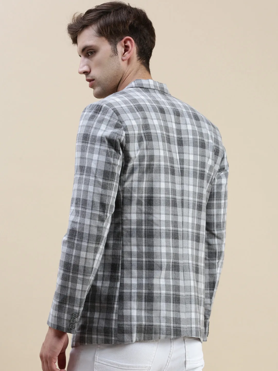 StretchableMaterial HighCollarDesign Men's Grey Checked Notched Lapel Collar Single-Breasted Blazer