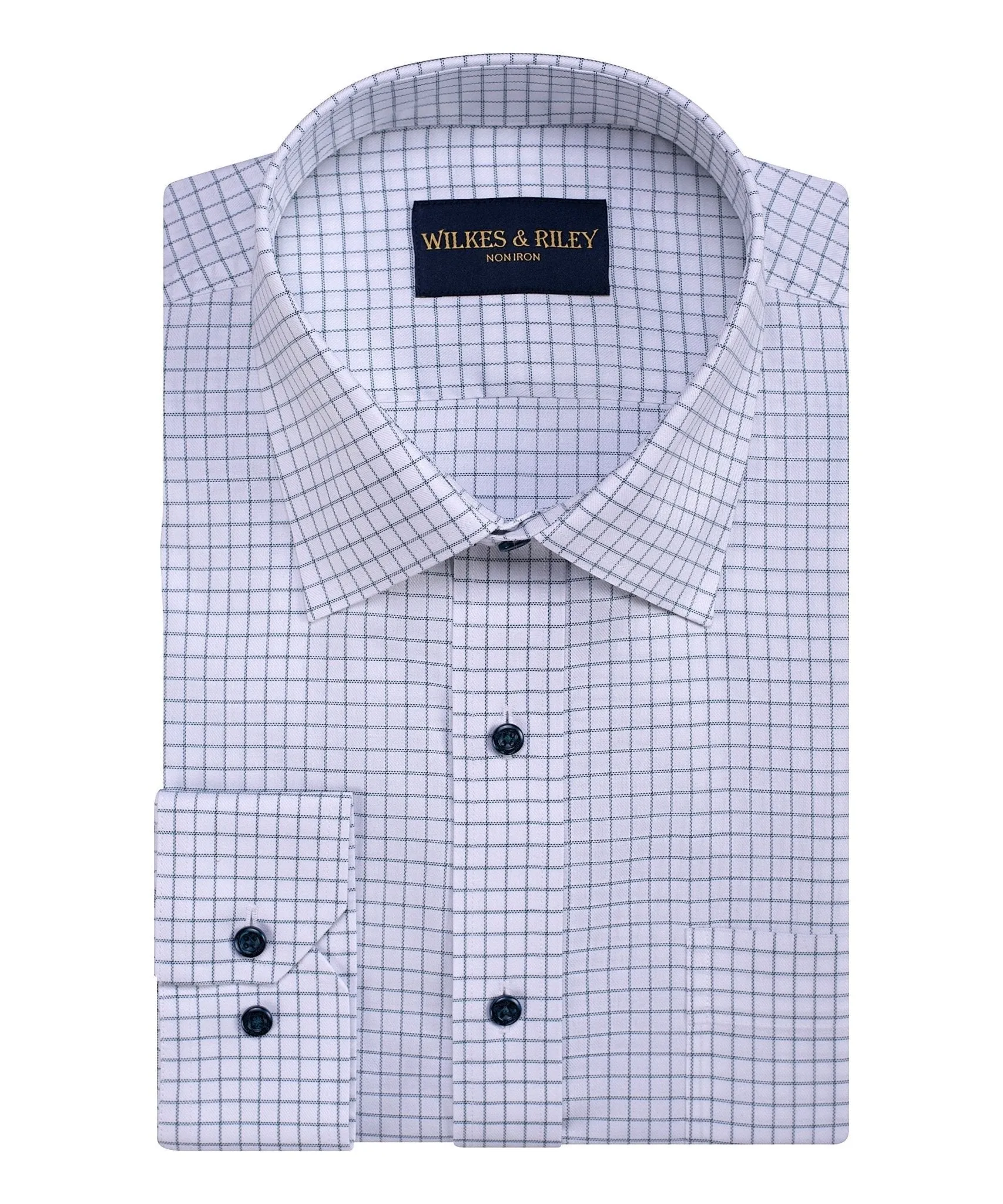 Winter Collection Durable Texture Teal Twill Triple Check Spread Collar Non-Iron Dress Shirt