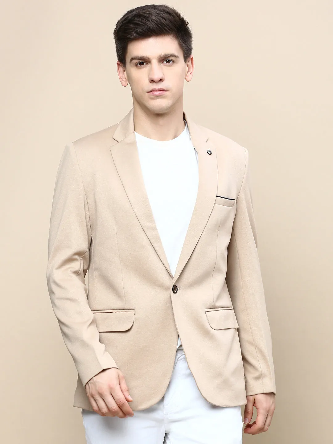 Tailored Silhouette Matte Surface Texture Men's Beige Notched Lapel Slim-Fit Single Breasted Blazer