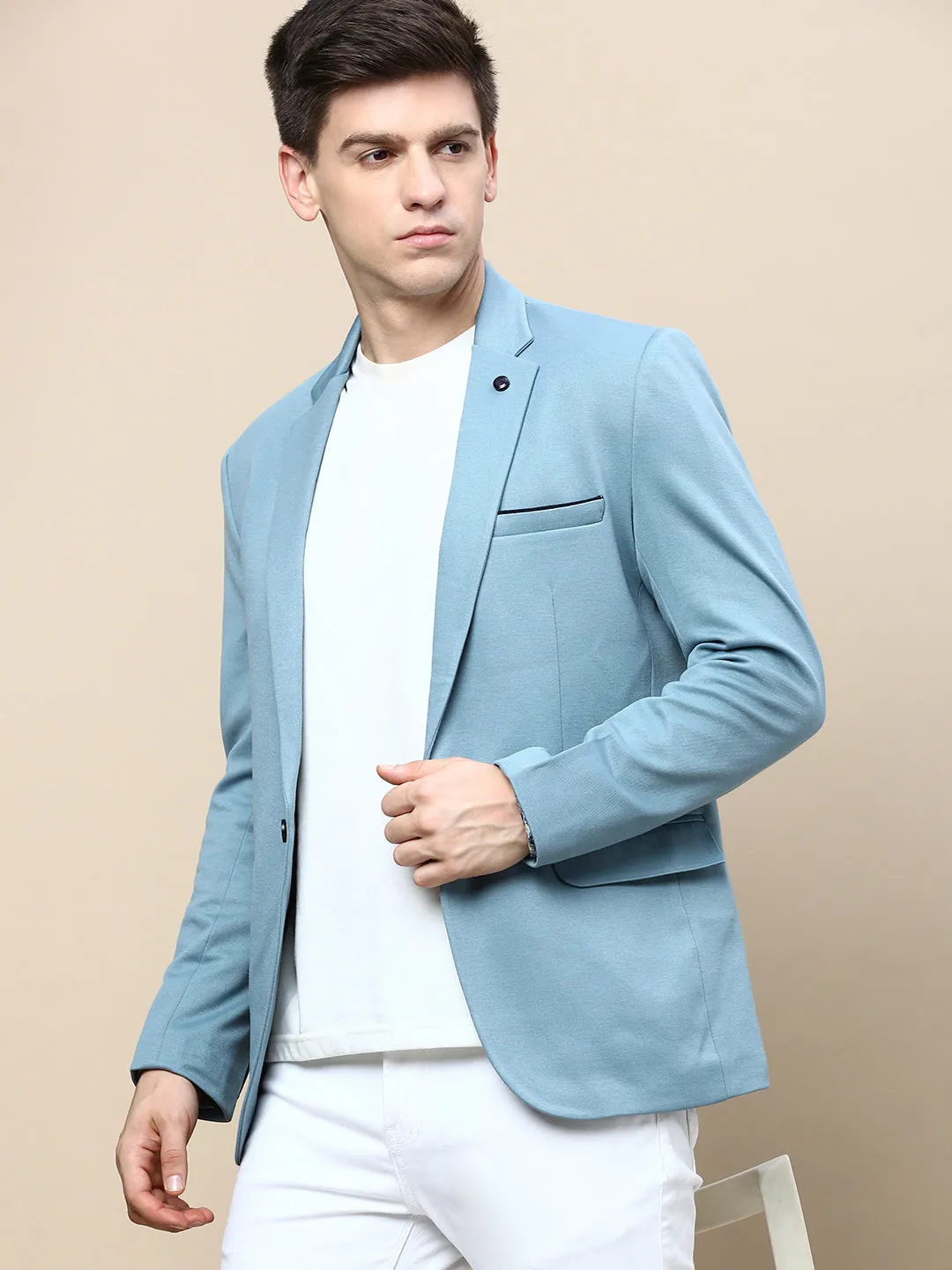 Ergonomic Sleeve Shaping Chic Urban Men's Turquoise Blue Slim-Fit Single Breasted Cotton Blazer