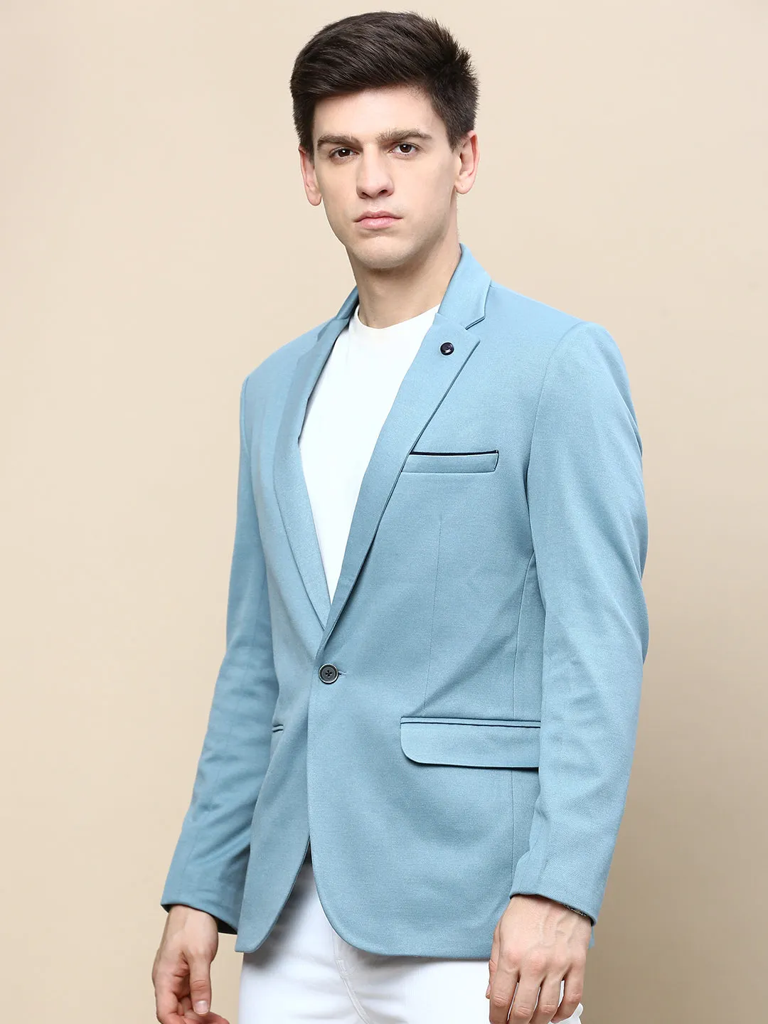 Transitional Look Men's Turquoise Blue Slim-Fit Single Breasted Cotton Blazer