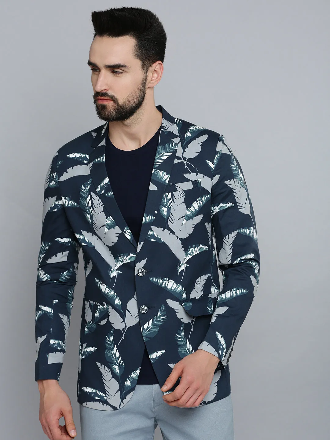 Men's Navy Blue Printed Single Breasted Blazers NonRestrictive Cut Lightweight Thermal Tech