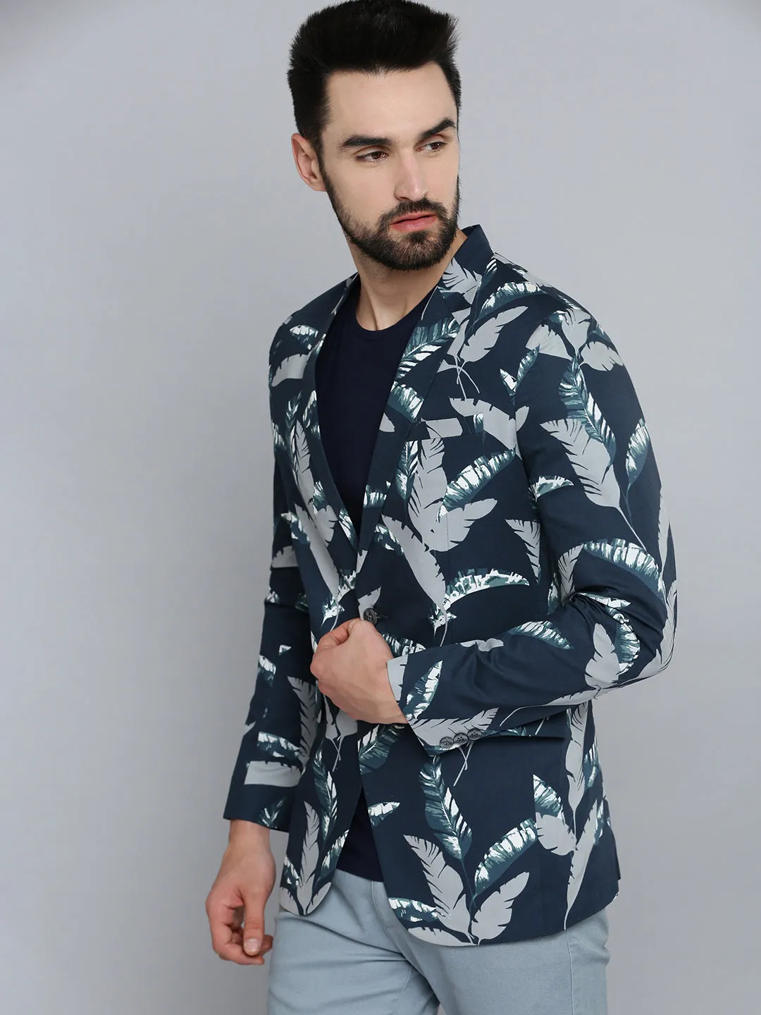 Men's Navy Blue Printed Single Breasted Blazers Smart Weather Style