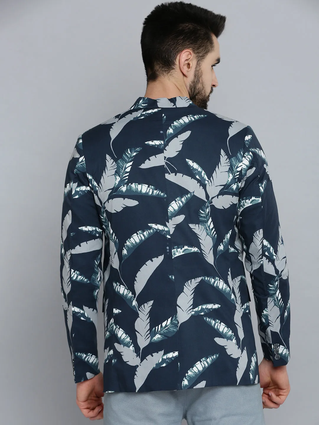 Men's Navy Blue Printed Single Breasted Blazers Cool Tone Statement Outerwear