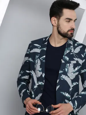 Men's Navy Blue Printed Single Breasted Blazers MoistureWicking Technology Breathable Technology