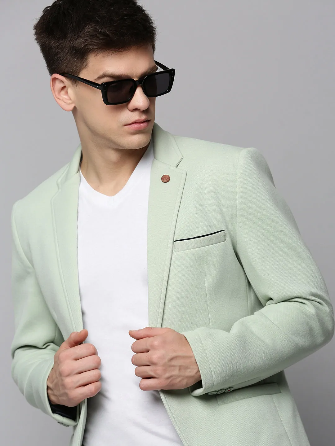 Men's Sea Green Single-Breasted Blazers Elastic Binding