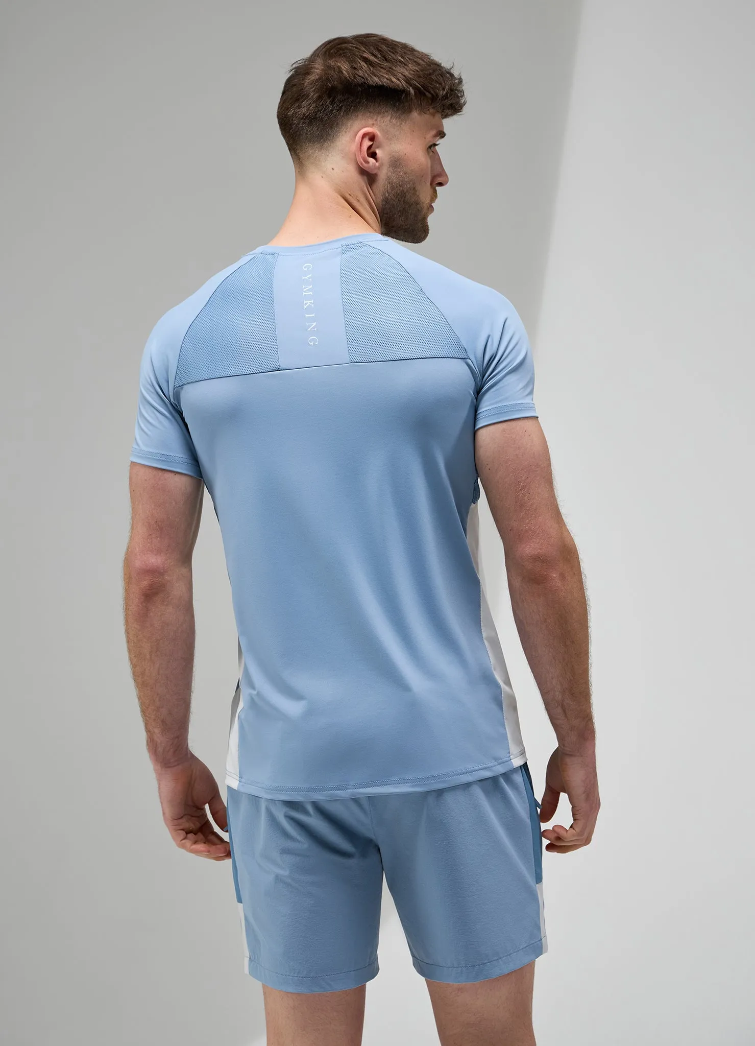 spandex blend EcoConscious Processing Gym King Focus Woven Tee - Dusk Blue/White