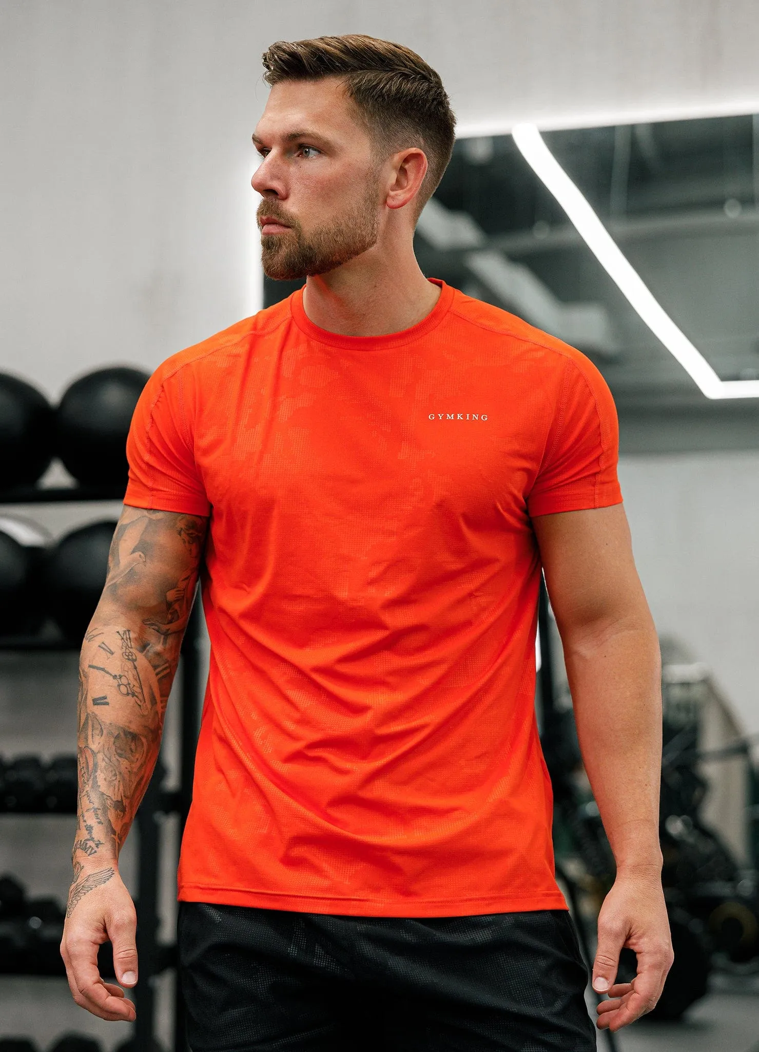 Comfy Movement Gym King Debossed Camo Tee - Flame Orange
