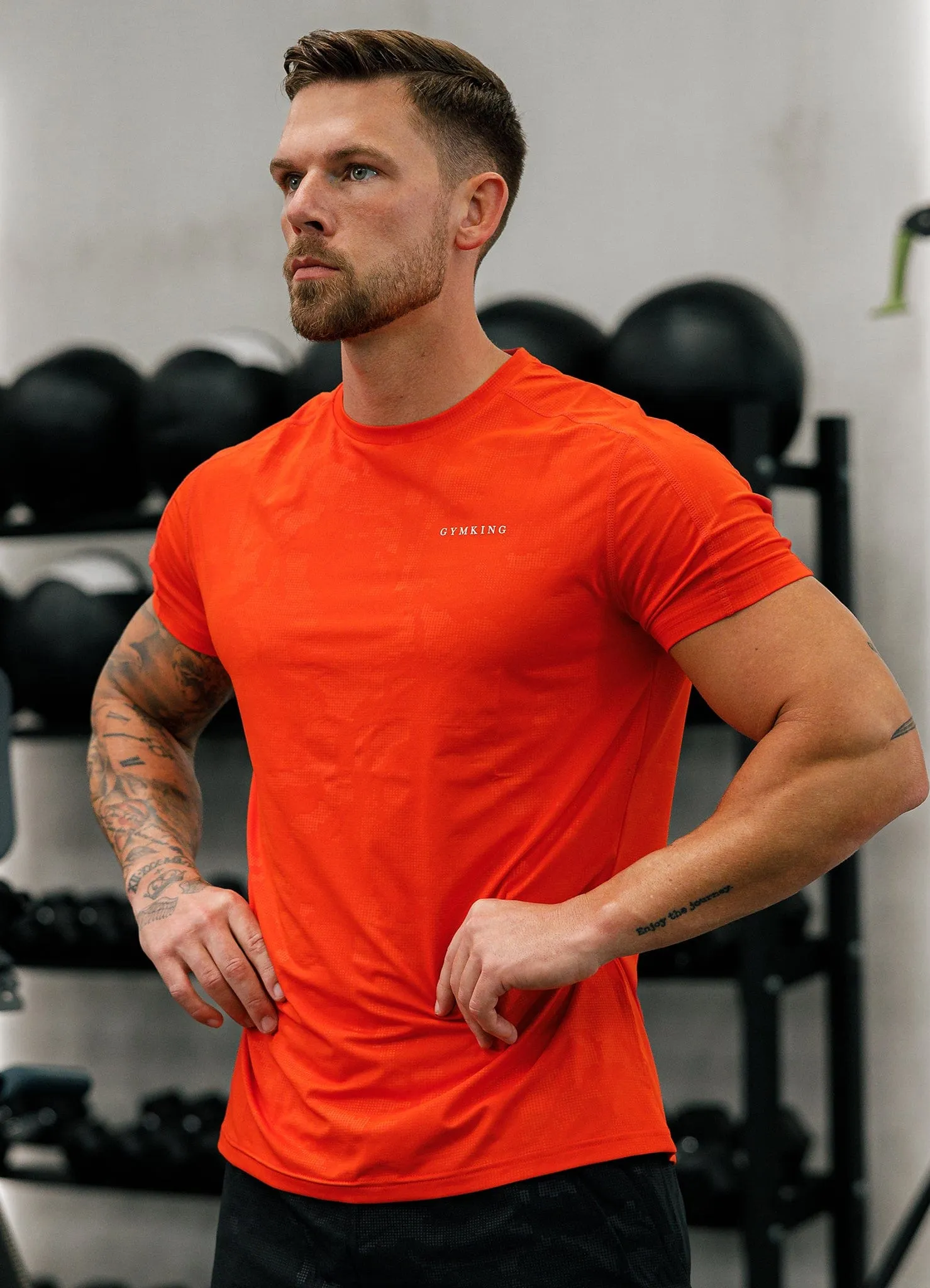 Gym King Debossed Camo Tee - Flame Orange Floral Print Sleek Layer