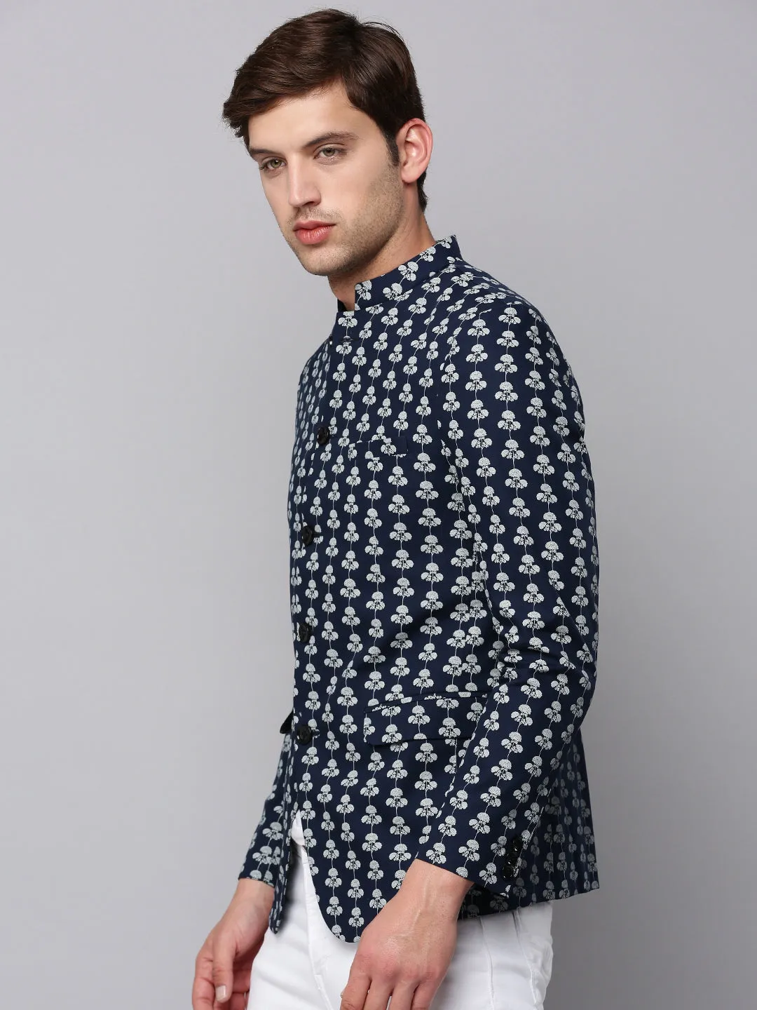 Men's Navy Blue Printed Slim Fit Bandhgala Blazer Hooded Comfort Fit Flexible Daily Fit