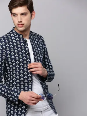 Men's Navy Blue Printed Slim Fit Bandhgala Blazer Clean Outer