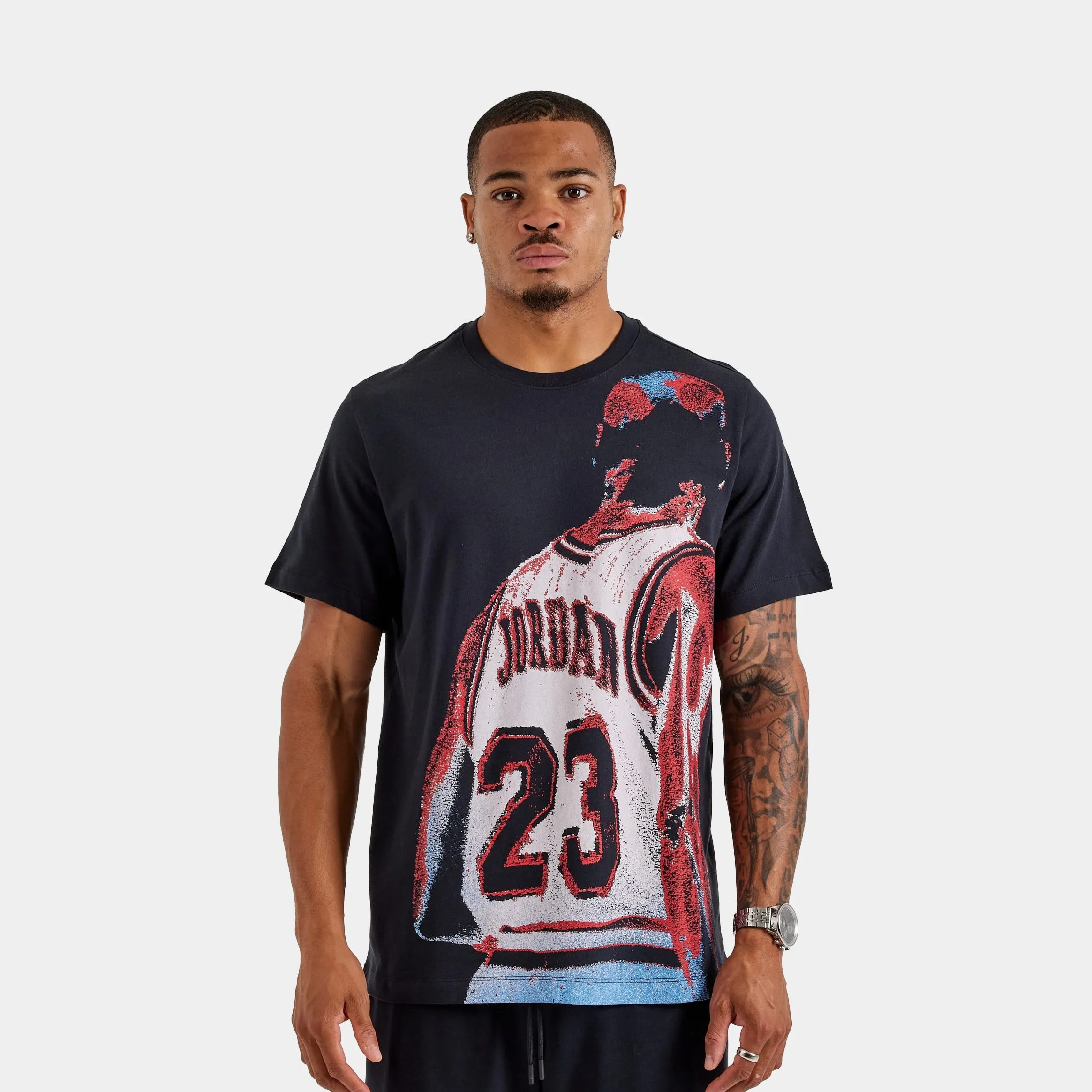 Air Jordan 23 Graphic Mens Short Sleeve Shirt (Black/White) SoftenedTexturedWeave VintageWash
