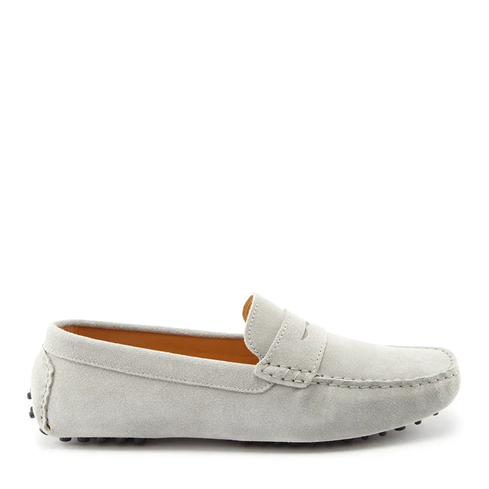 Timeless Investment Penny Driving Loafers, dove grey suede