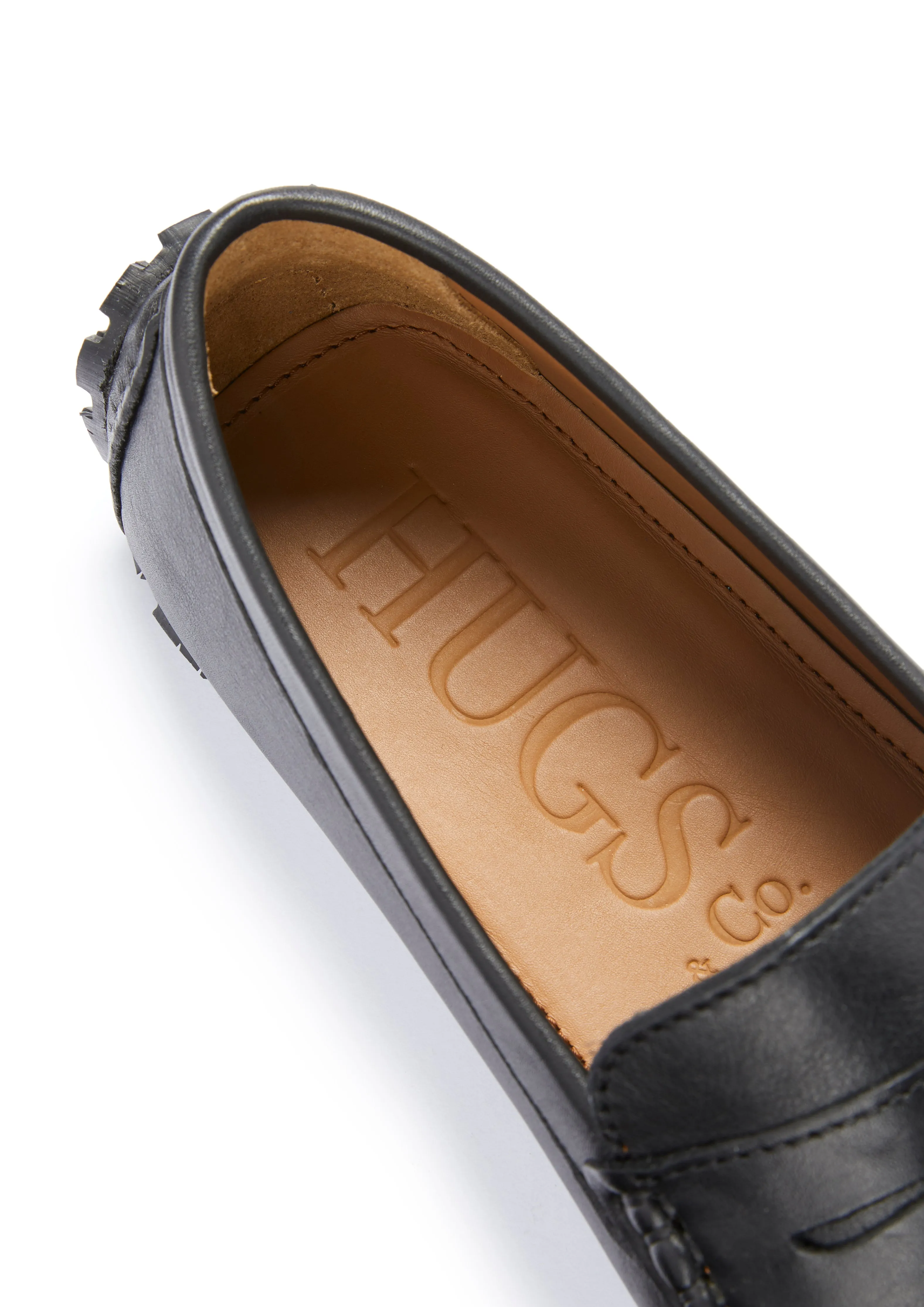 Tyre Sole Penny Driving Loafers, black leather Shop Lane Patina Effect