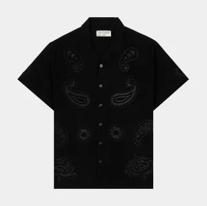 Moisture Wicking Technology Classic Layering Floral Paisley Linen Mens Short Sleeve Shirt (Black)