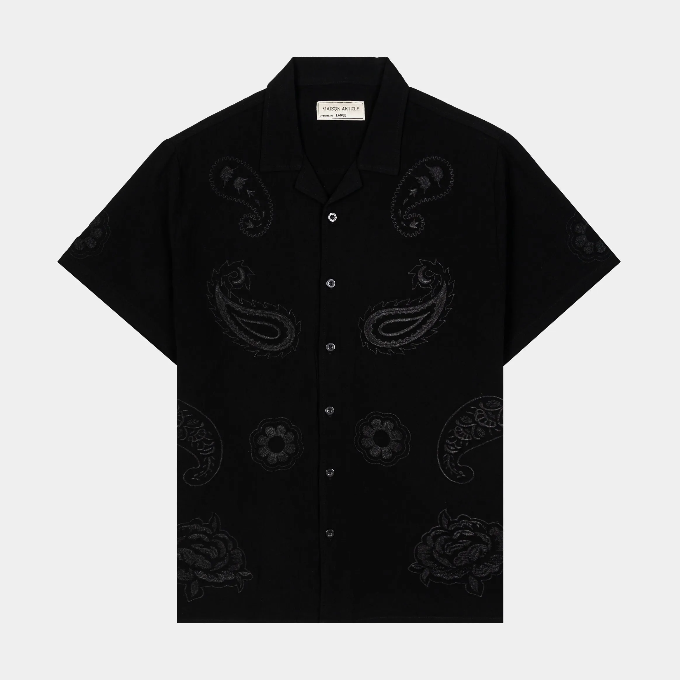 Floral Paisley Linen Mens Short Sleeve Shirt (Black) Soft Comfort Wear