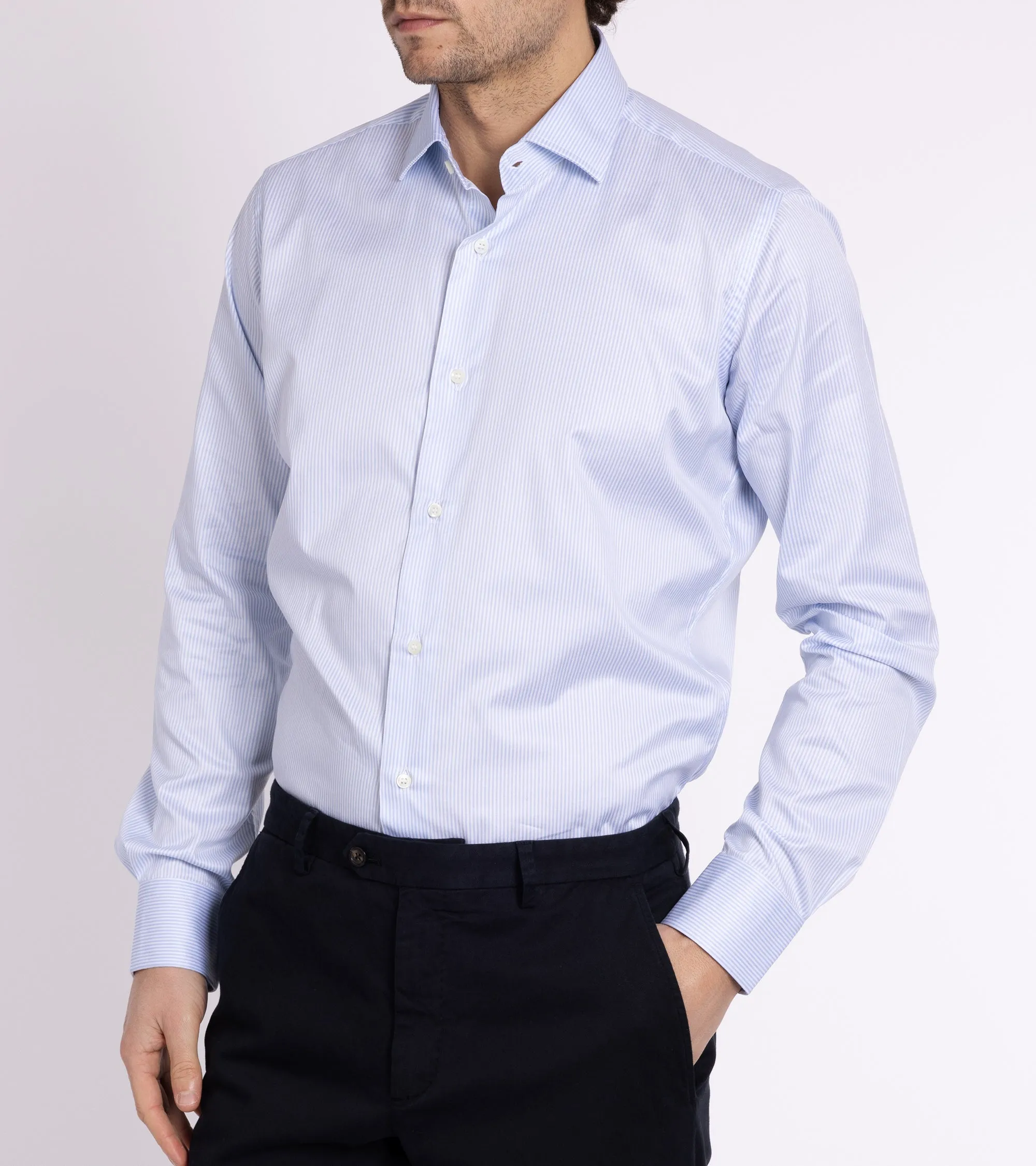 Flexible Placket Structure MCR Slim Twill Striped Shirt: Light Blue