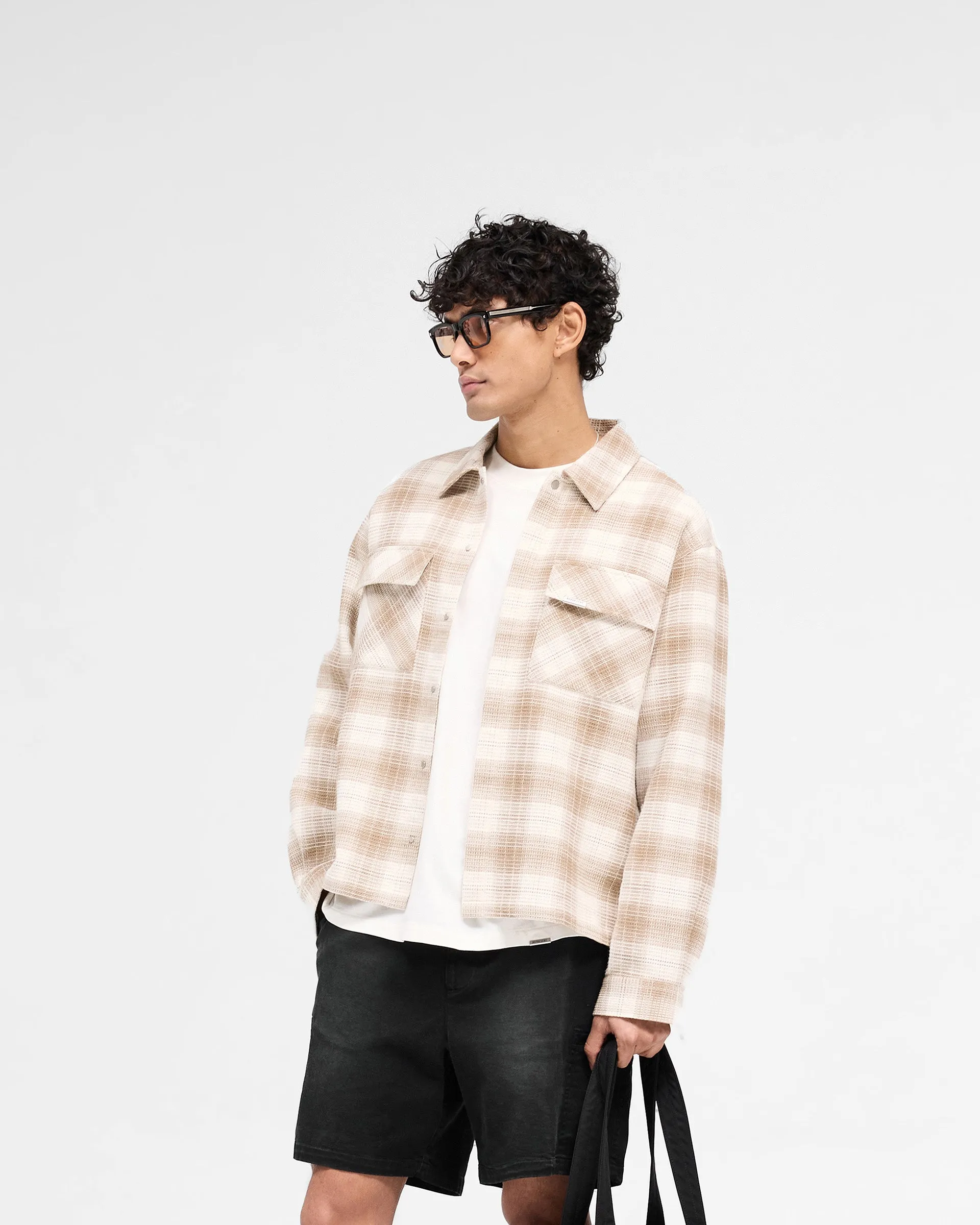 Ruffle Edge Breathable Cotton Waffle Flannel Shirt - Mid Brown
