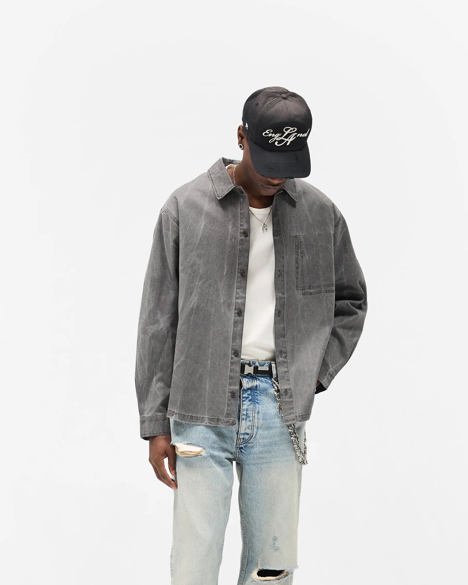 Bold Pattern Minimalist Aesthetic Washed Cotton Shirt - Jet Black