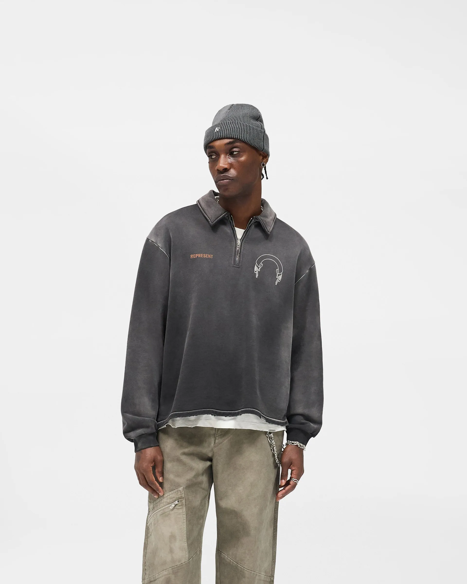 Soft Fabric Represent Banner Quarter Zip Sweatshirt - Stained Black