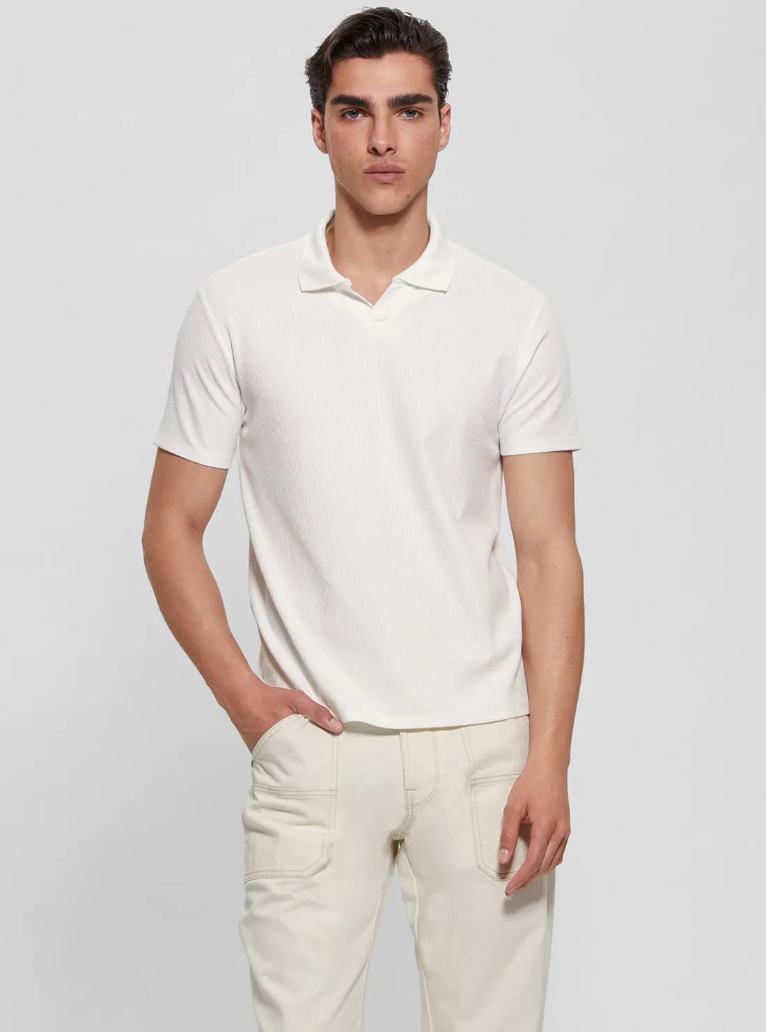 White Ryker Rib Knit Polo T-Shirt Classic Crew Neck